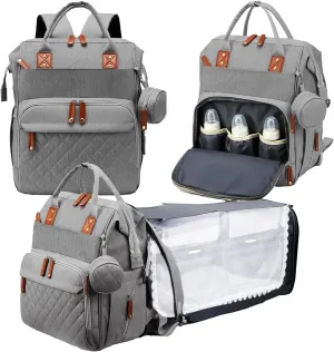OKAERI. Expandable diaper backpack, outdoor crib, waterproof, multipurpose, safe changing mat, unisex, travel bag, walks, shopping, USB port, portable crib (Grey)