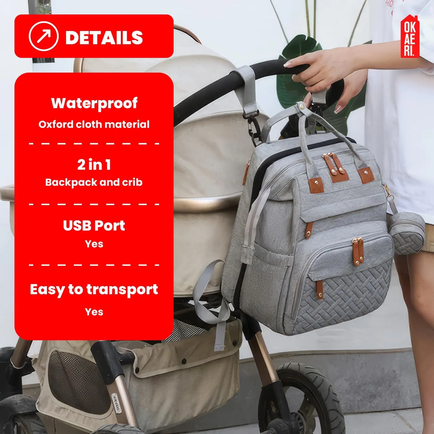OKAERI. Expandable diaper backpack, outdoor crib, waterproof, multipurpose, safe changing mat, unisex, travel bag, walks, shopping, USB port, portable crib (Grey)