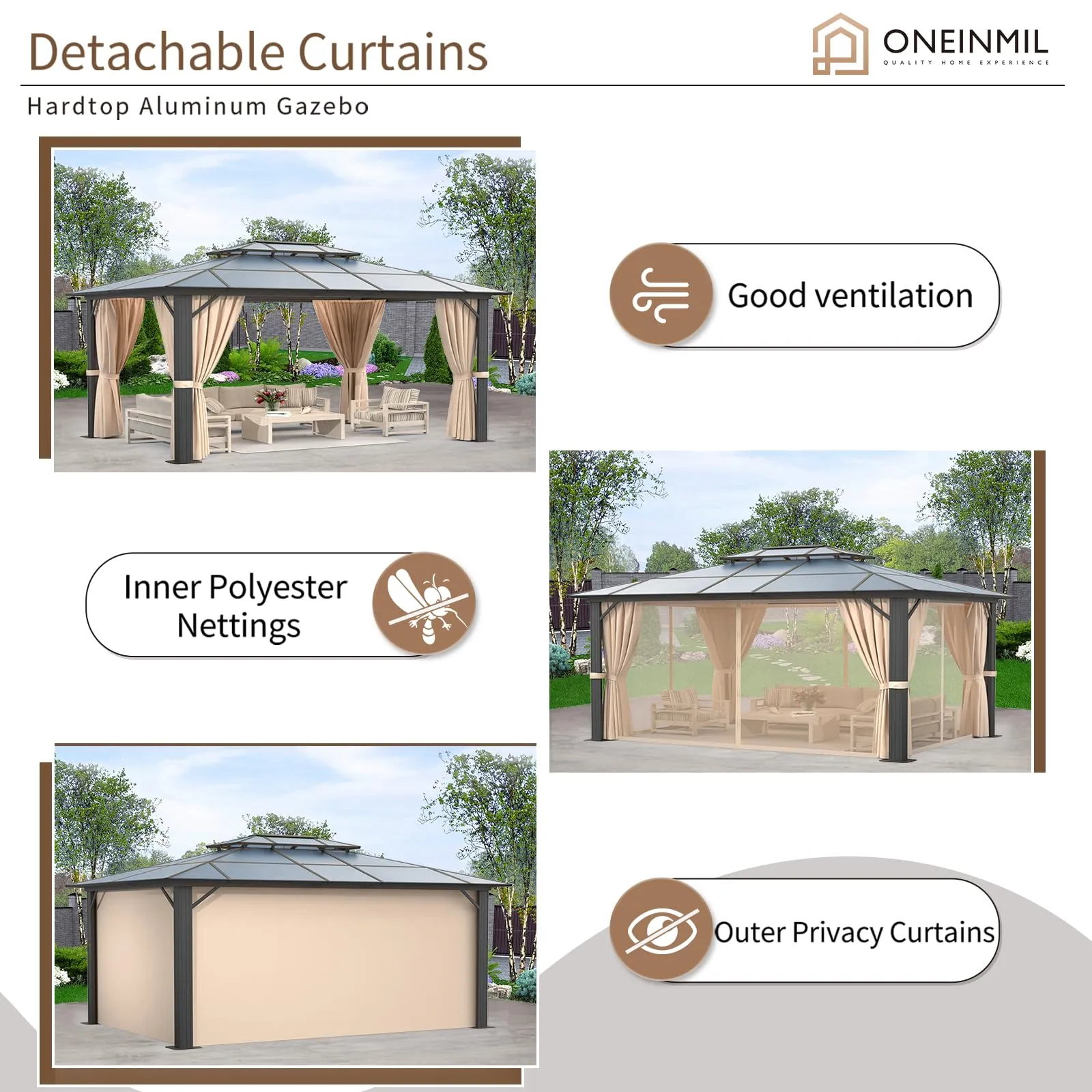 oneinmil 12x16FT Outdoor Polycarbonate Gazebo, Heavy Duty Double Roof Hardtop Gazebo with Aluminum Frame and Netting and Curtains for Patios