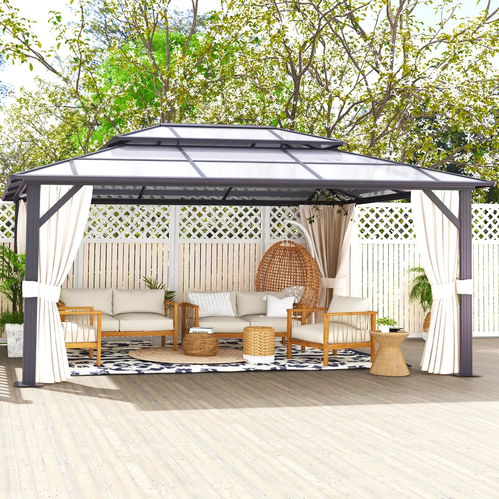 oneinmil 12x16FT Outdoor Polycarbonate Gazebo, Heavy Duty Double Roof Hardtop Gazebo with Aluminum Frame and Netting and Curtains for Patios