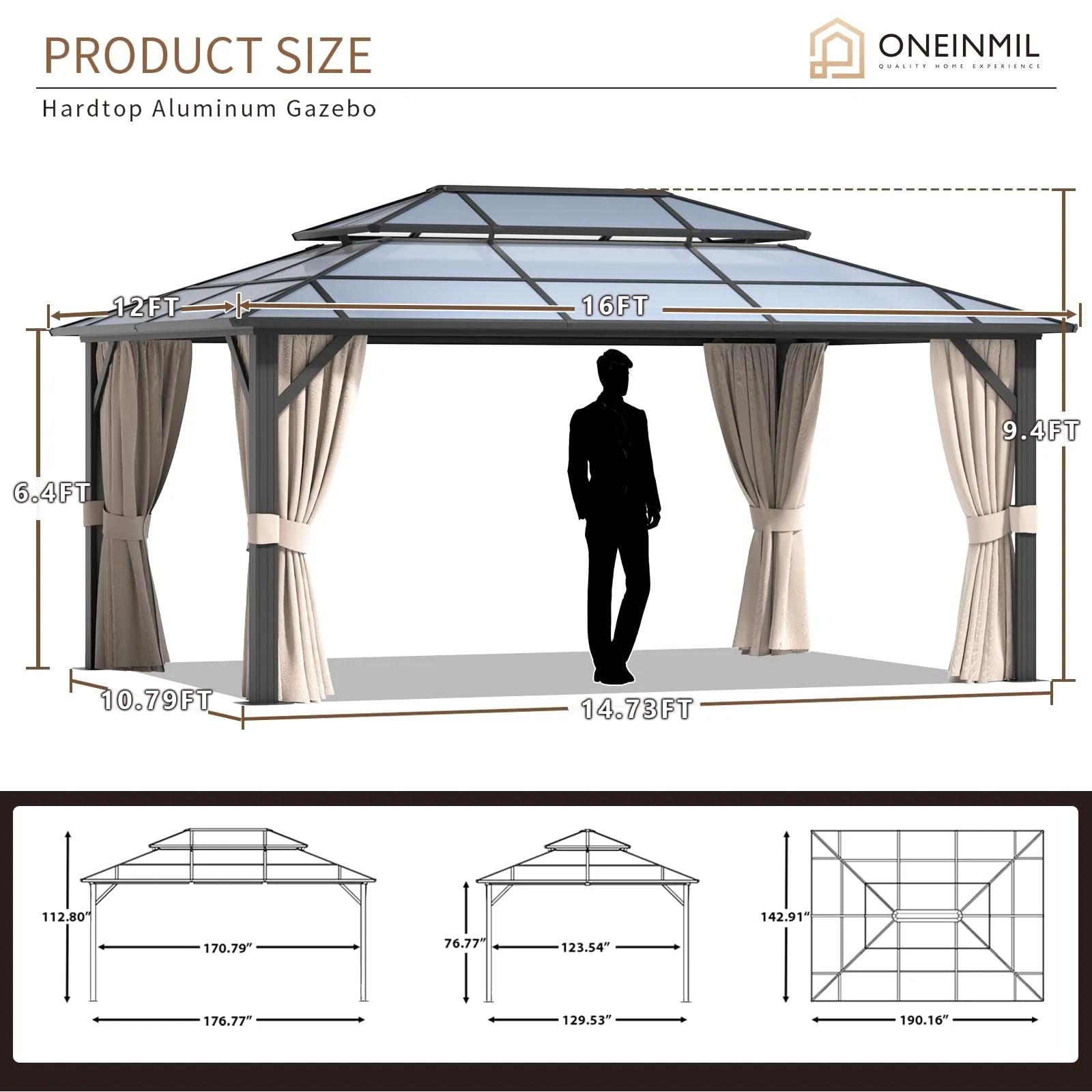 oneinmil 12x16FT Outdoor Polycarbonate Gazebo, Heavy Duty Double Roof Hardtop Gazebo with Aluminum Frame and Netting and Curtains for Patios
