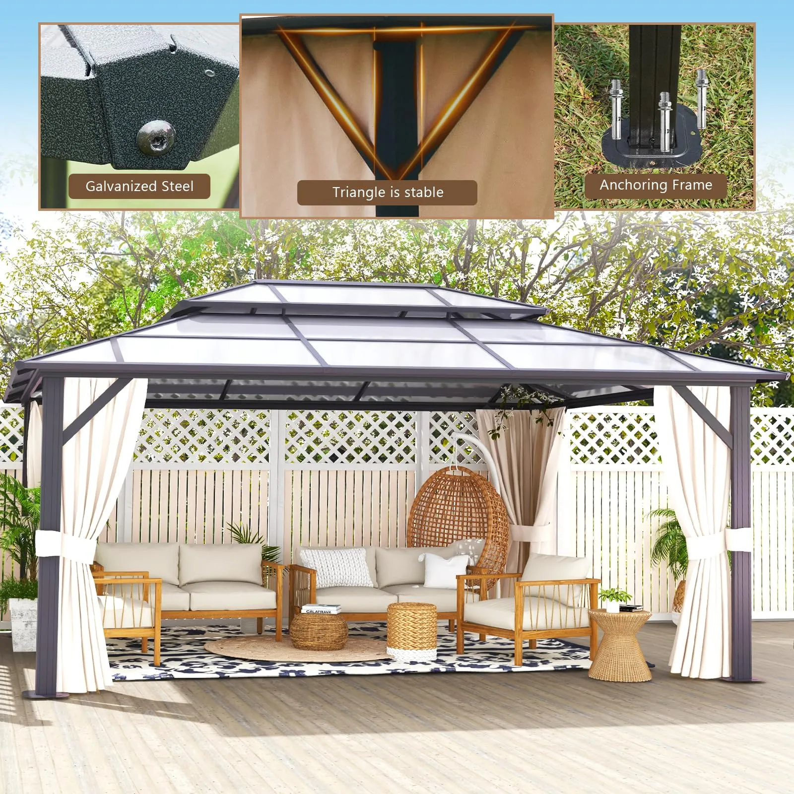 oneinmil 12x16FT Outdoor Polycarbonate Gazebo, Heavy Duty Double Roof Hardtop Gazebo with Aluminum Frame and Netting and Curtains for Patios