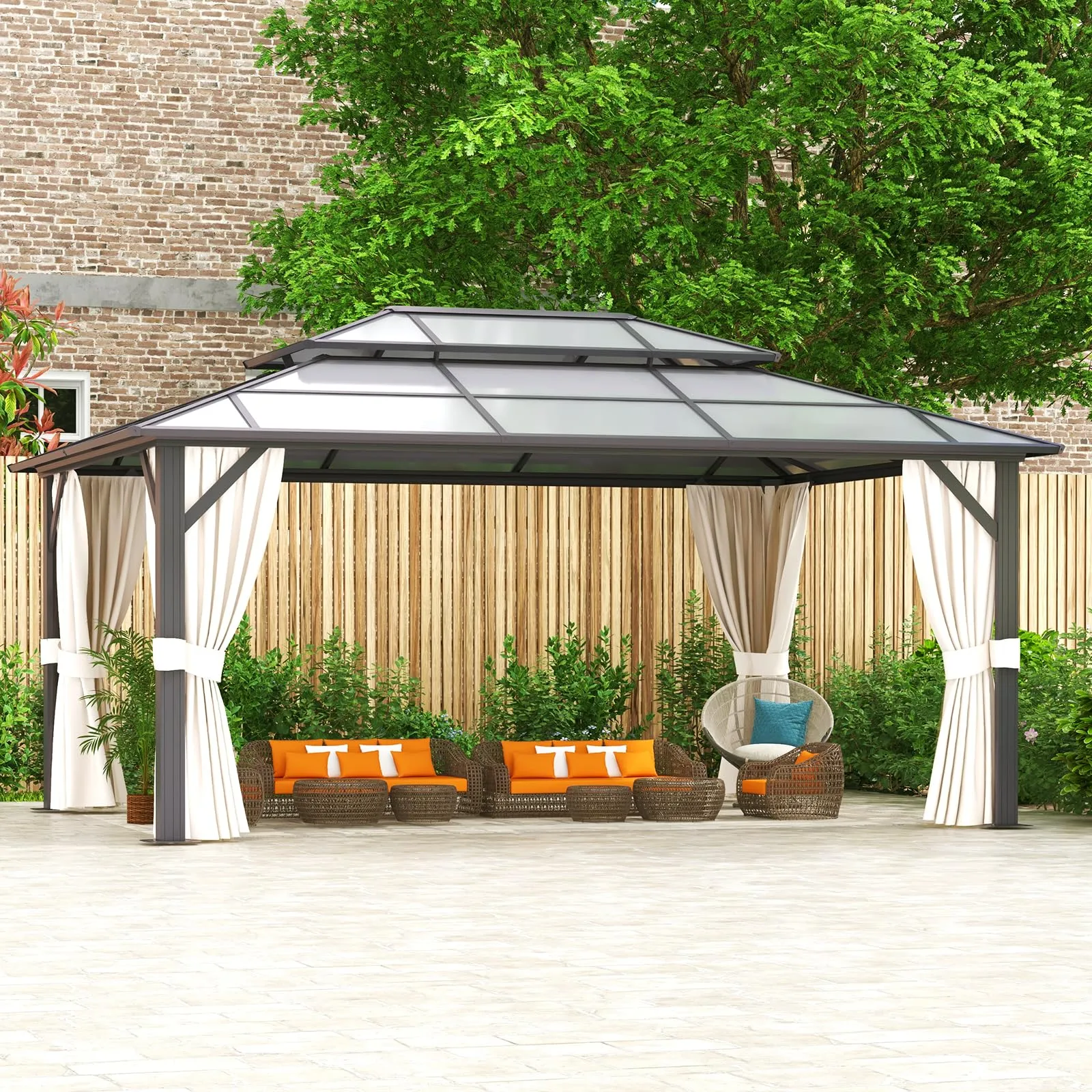 oneinmil 12x16FT Outdoor Polycarbonate Gazebo, Heavy Duty Double Roof Hardtop Gazebo with Aluminum Frame and Netting and Curtains for Patios