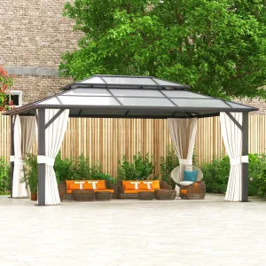 oneinmil 12x16FT Outdoor Polycarbonate Gazebo, Heavy Duty Double Roof Hardtop Gazebo with Aluminum Frame and Netting and Curtains for Patios