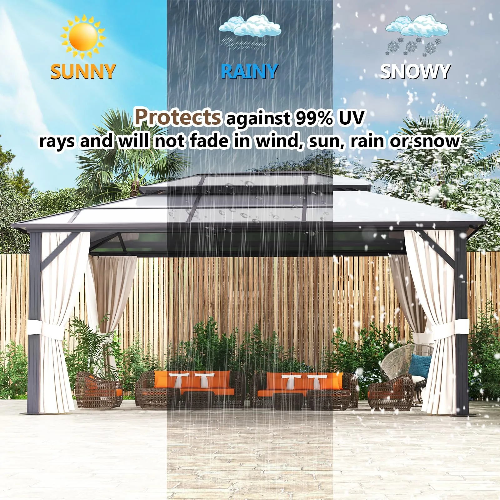 oneinmil 12x16FT Outdoor Polycarbonate Gazebo, Heavy Duty Double Roof Hardtop Gazebo with Aluminum Frame and Netting and Curtains for Patios