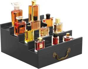 ONKO Cologne Stand for Men,Fragrance Display Stand for Men,Black Cologne Storage Shelf,4-Tier of Elevated Perfume Holder with Drawer,Wooden Fragrance and Watch Shelf Organizer,Room Decor Accessories