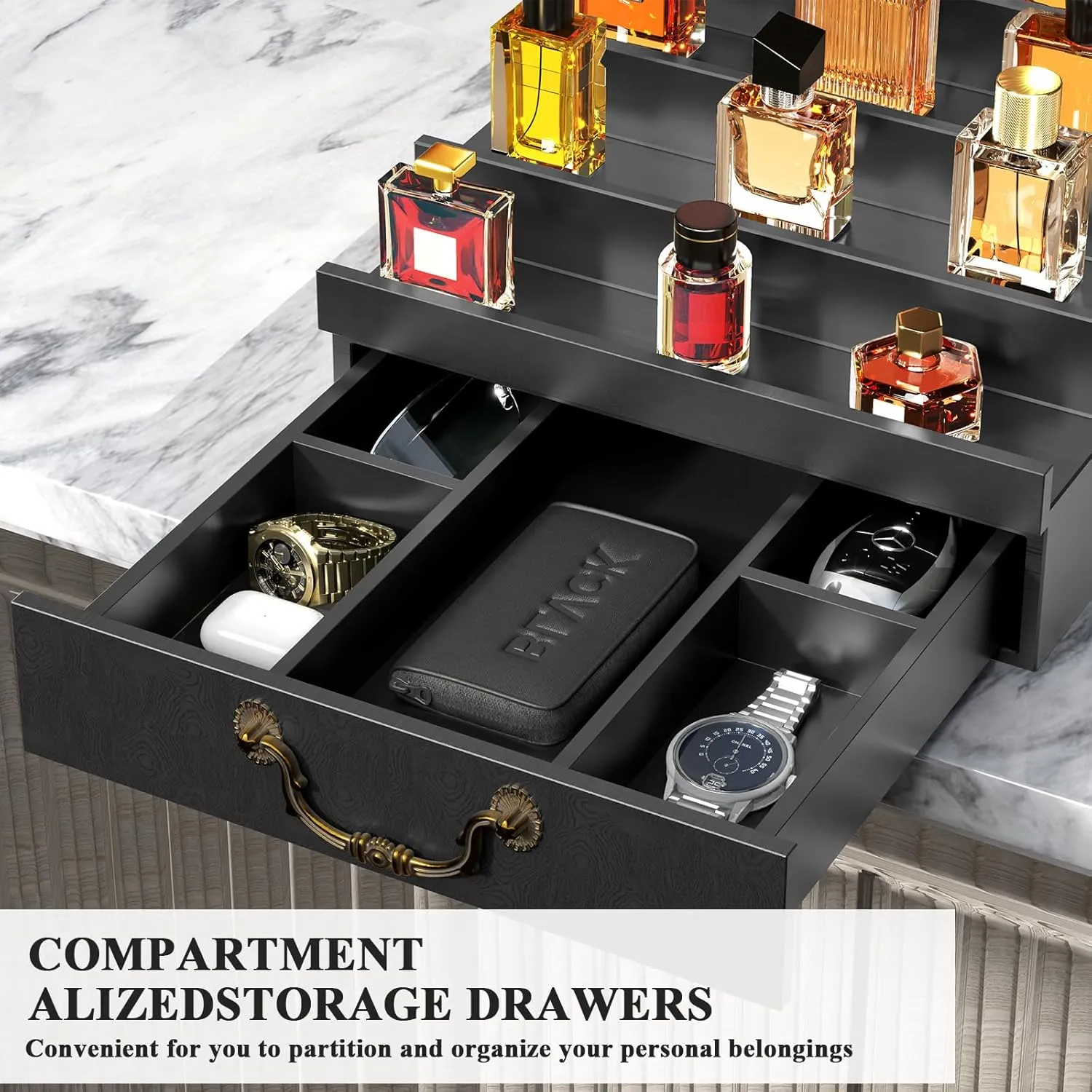 ONKO Cologne Stand for Men,Fragrance Display Stand for Men,Black Cologne Storage Shelf,4-Tier of Elevated Perfume Holder with Drawer,Wooden Fragrance and Watch Shelf Organizer,Room Decor Accessories