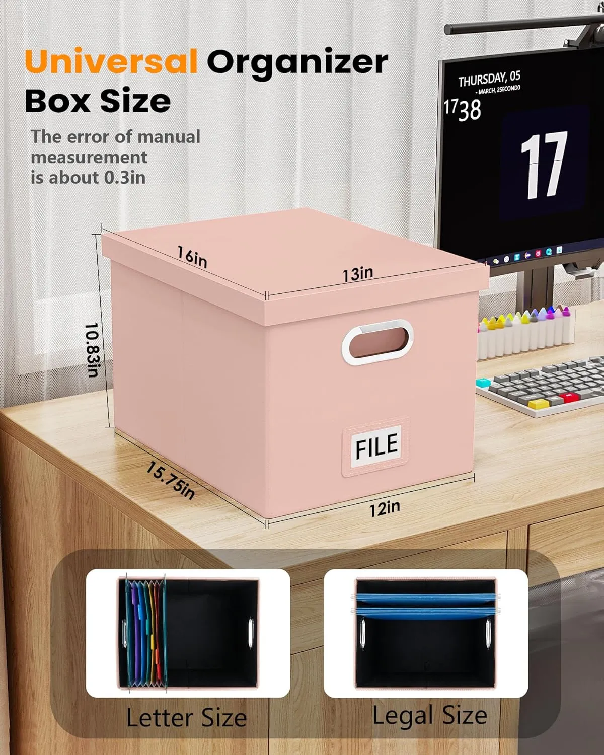 Oterri File Organizer Box,Filing Box with Lid,File Box for Letter/Legal File Folder Storage, Portable Hanging File Box for Office/Decor/Home,1 Pack, Cream-pink(Leather),Box only