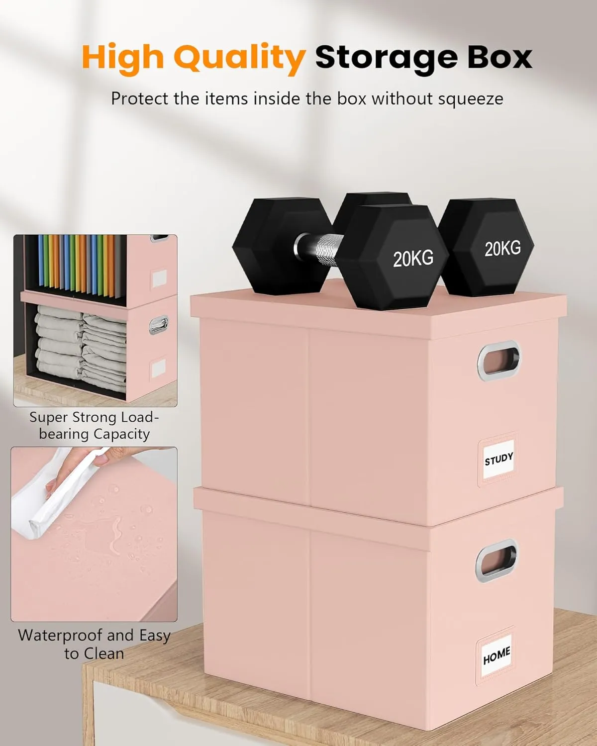 Oterri File Organizer Box,Filing Box with Lid,File Box for Letter/Legal File Folder Storage, Portable Hanging File Box for Office/Decor/Home,1 Pack, Cream-pink(Leather),Box only