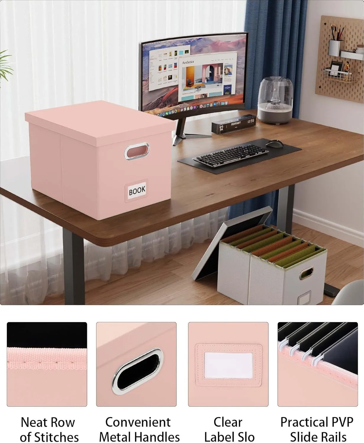 Oterri File Organizer Box,Filing Box with Lid,File Box for Letter/Legal File Folder Storage, Portable Hanging File Box for Office/Decor/Home,1 Pack, Cream-pink(Leather),Box only