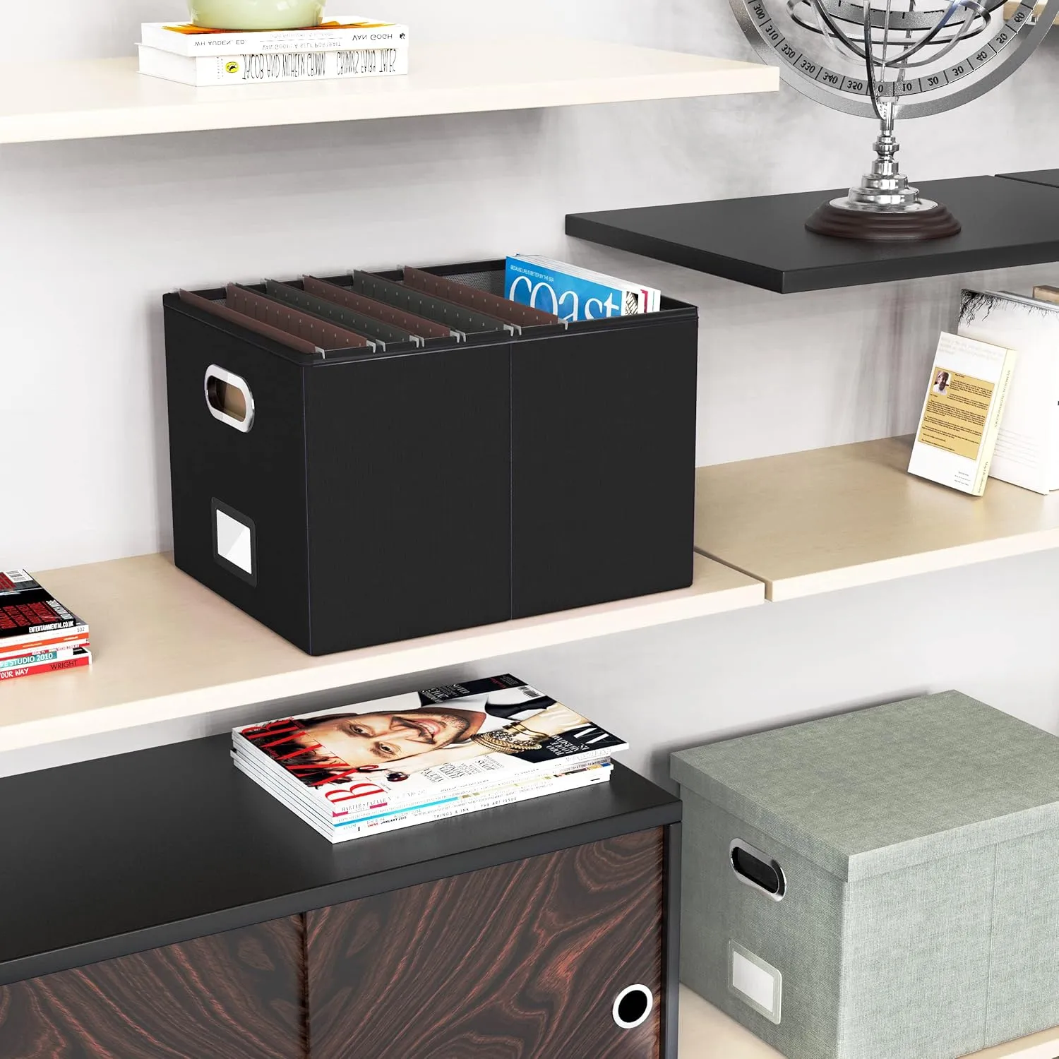 Oterri File Organizer With Lid - Filing Box for Letter/Legal Folder Storage, Portable Hanging File for Office/Decor/Home, 1 Pack, Black
