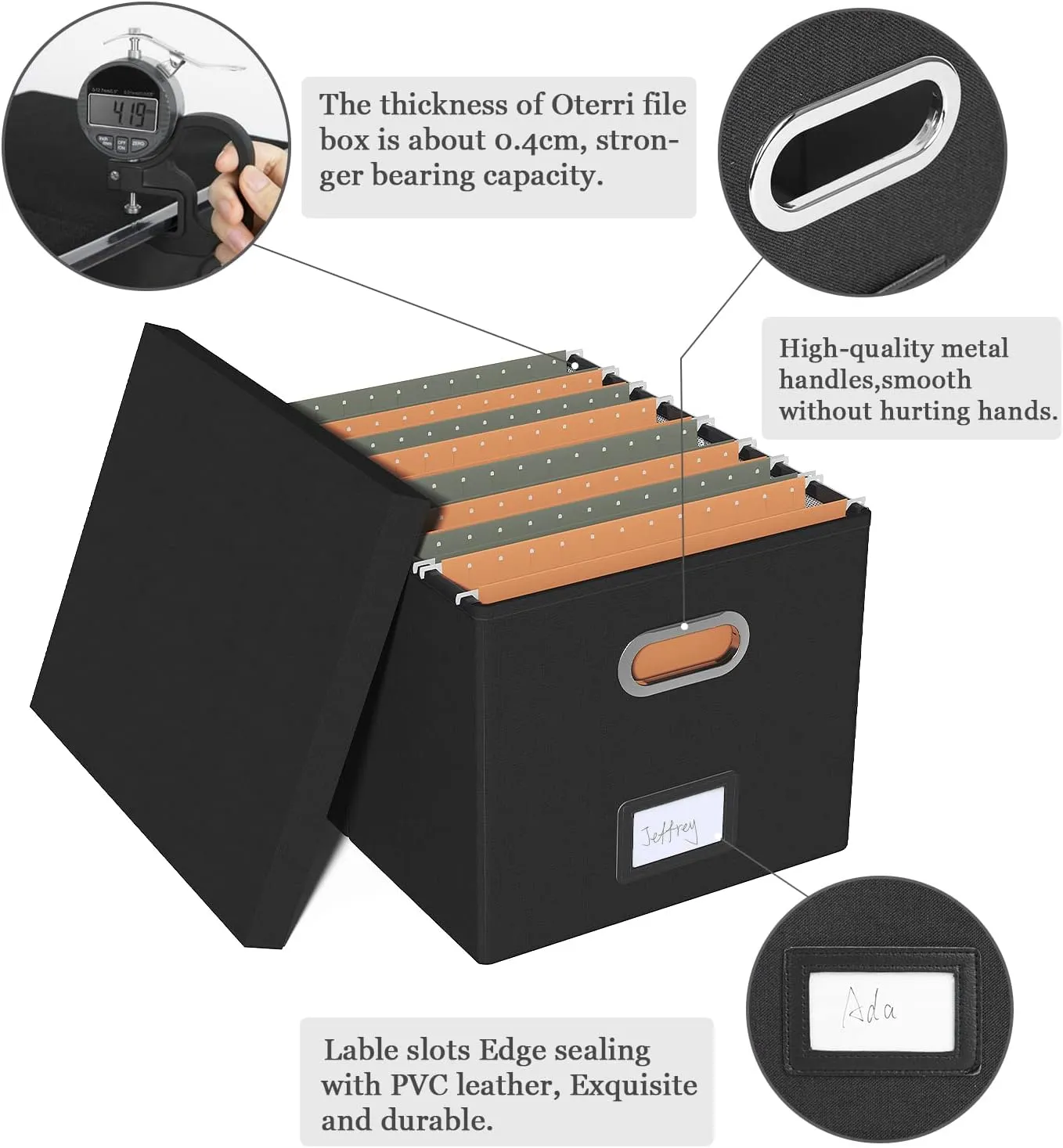Oterri File Organizer With Lid - Filing Box for Letter/Legal Folder Storage, Portable Hanging File for Office/Decor/Home, 1 Pack, Black