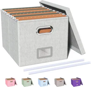 Oterri File Organizer With Lid - Filing Box for Letter/Legal Folder Storage, Portable Hanging File for Office/Decor/Home, 1 Pack, Gray-White