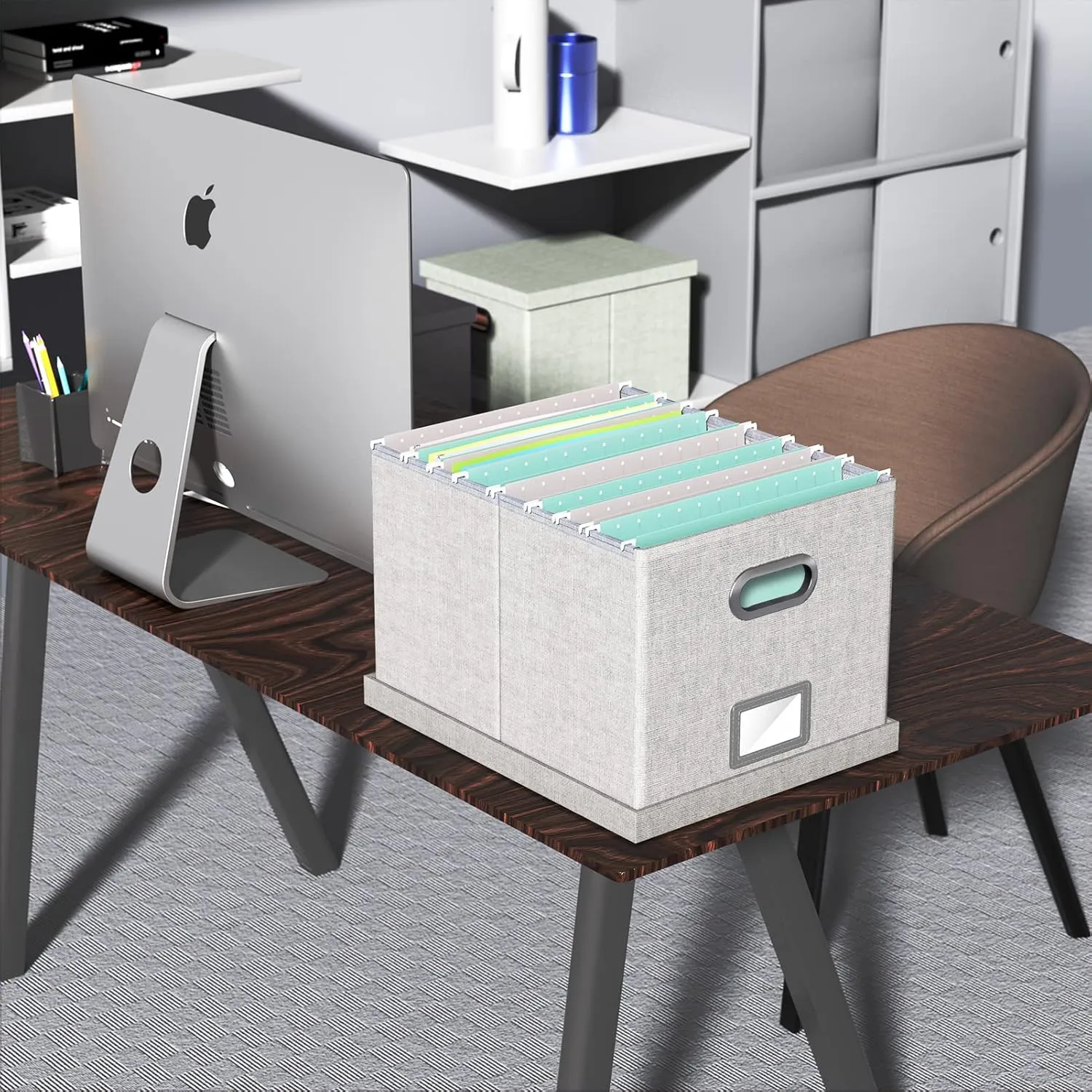 Oterri File Organizer With Lid - Filing Box for Letter/Legal Folder Storage, Portable Hanging File for Office/Decor/Home, 1 Pack, Gray-White
