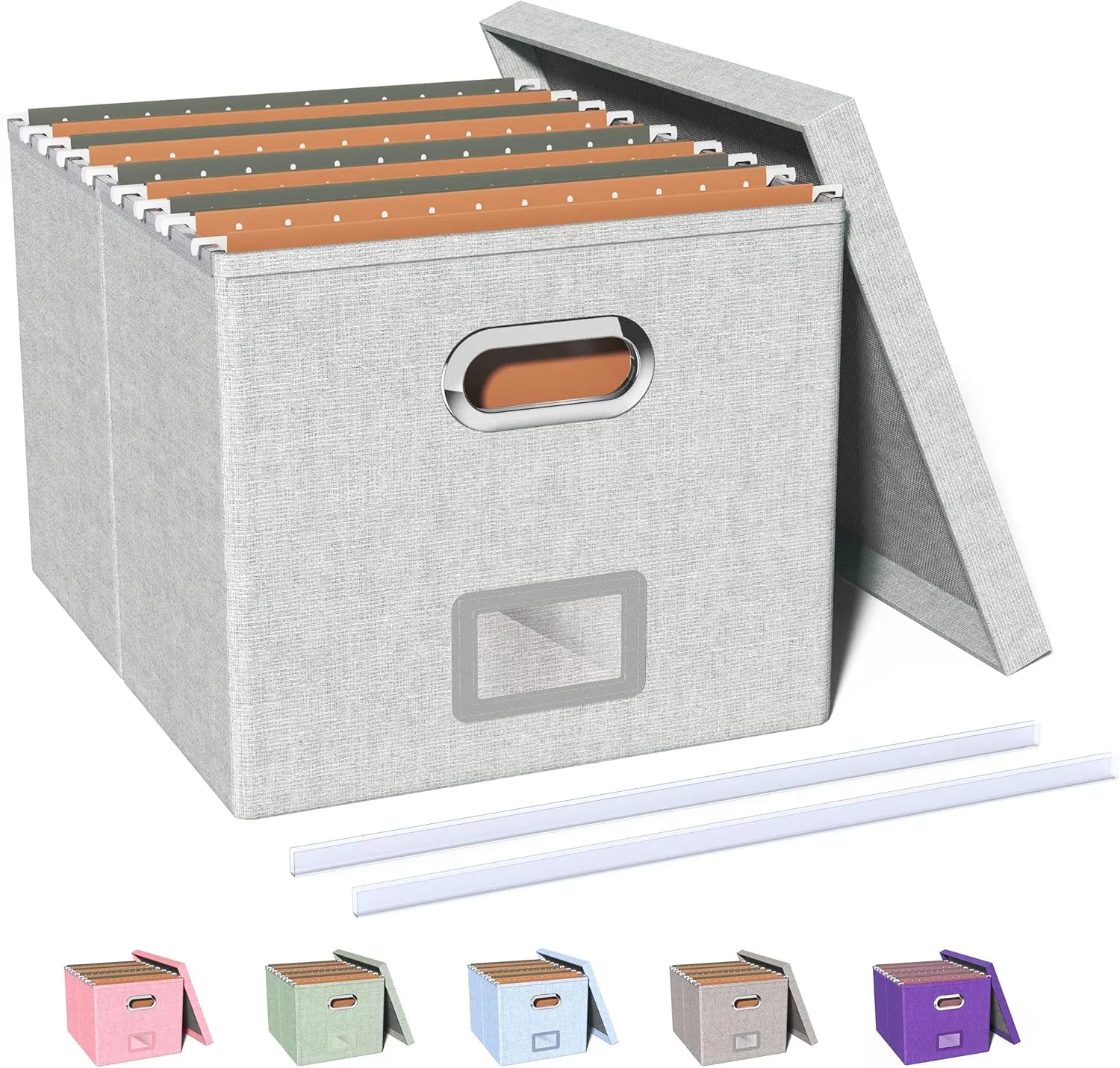 Oterri File Organizer With Lid - Filing Box for Letter/Legal Folder Storage, Portable Hanging File for Office/Decor/Home, 1 Pack, Gray-White
