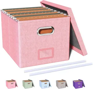 Oterri Portable File Storage Organizer Box,Filing Box with Lid,Fit for Letter/Legal File Folder Storage, Easy Slide Durable Hanging File Box for Office/Decor/Home,1 Pack,Pink-Box only