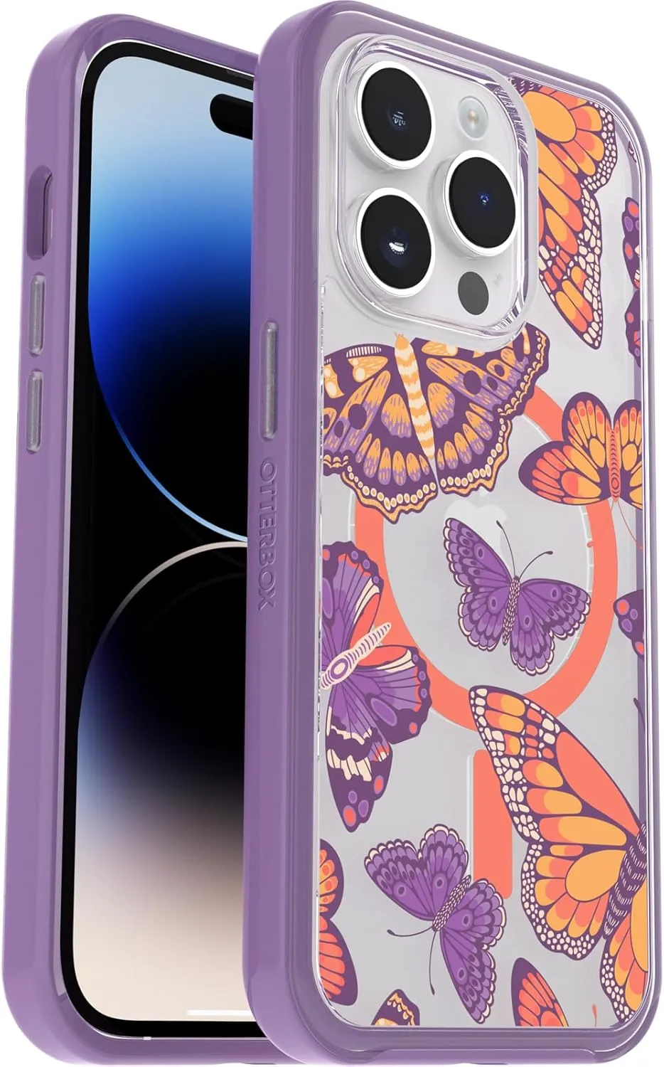 OtterBox iPhone 14 Pro Symmetry Series  Clear Case - Butterfly Flutter (Purple), Snaps to MagSafe, Ultra-Sleek, Raised Edges Protect Camera & Screen