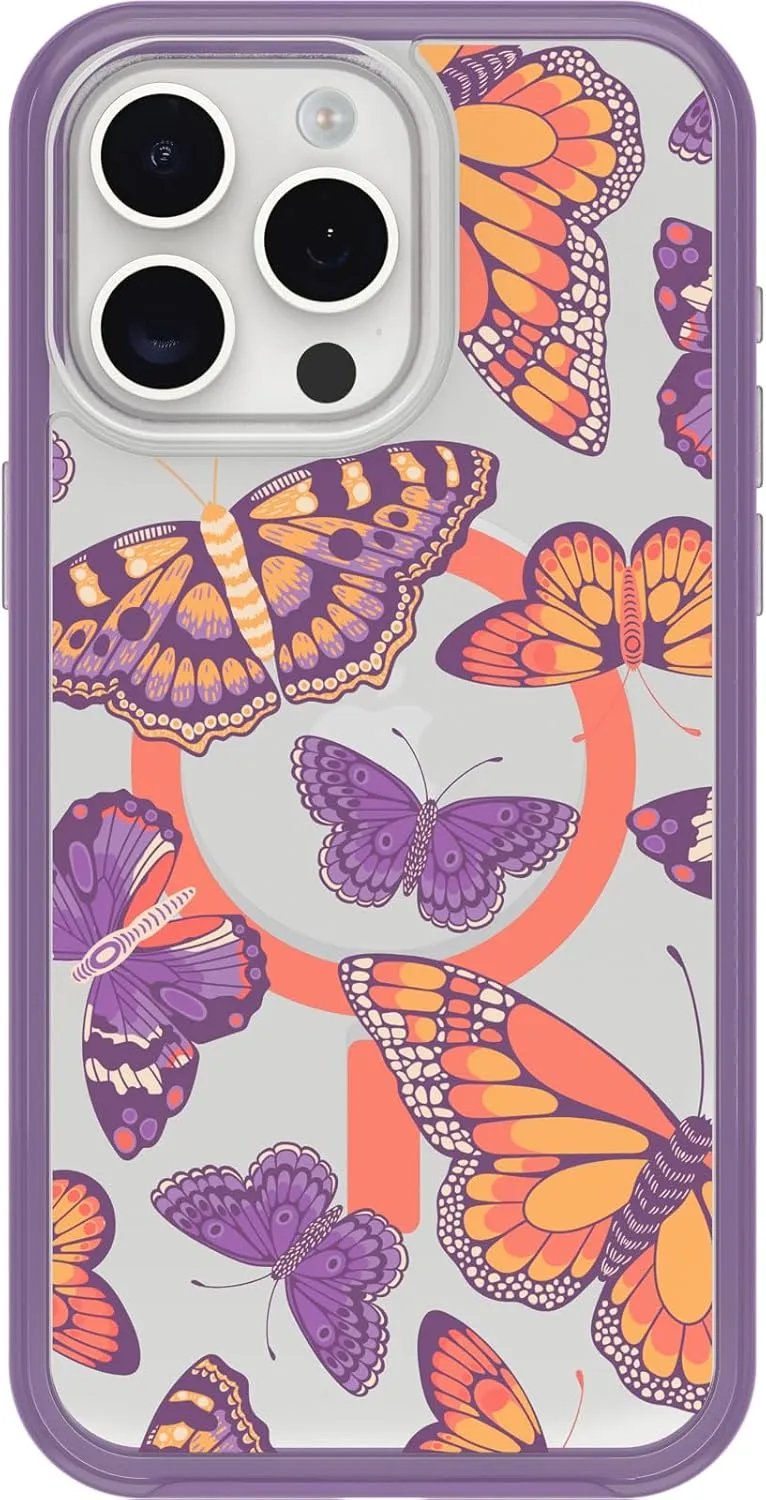 OtterBox iPhone 15 Pro MAX (Only) Symmetry Series Clear Case - BUTTERFLY FLUTTER (Purple), snaps to MagSafe, ultra-sleek, raised edges protect camera & screen
