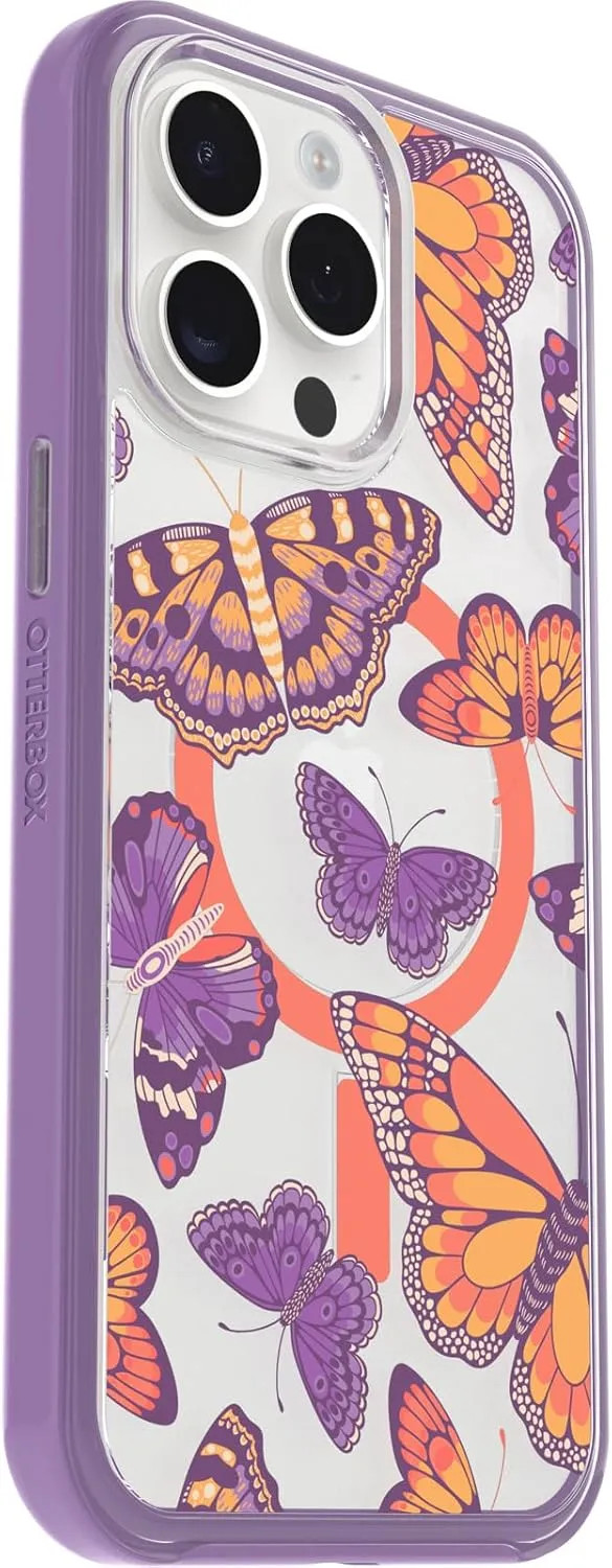 OtterBox iPhone 15 Pro MAX (Only) Symmetry Series Clear Case - BUTTERFLY FLUTTER (Purple), snaps to MagSafe, ultra-sleek, raised edges protect camera & screen
