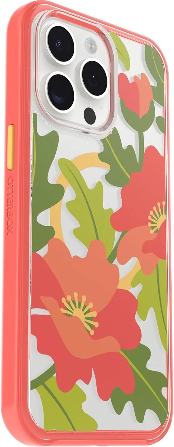 OtterBox iPhone 15 Pro MAX (Only) Symmetry Series Clear Case - QUILTED POPPIES (Red), snaps to MagSafe, ultra-sleek, raised edges protect camera & screen