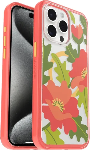OtterBox iPhone 15 Pro MAX (Only) Symmetry Series Clear Case - QUILTED POPPIES (Red), snaps to MagSafe, ultra-sleek, raised edges protect camera & screen