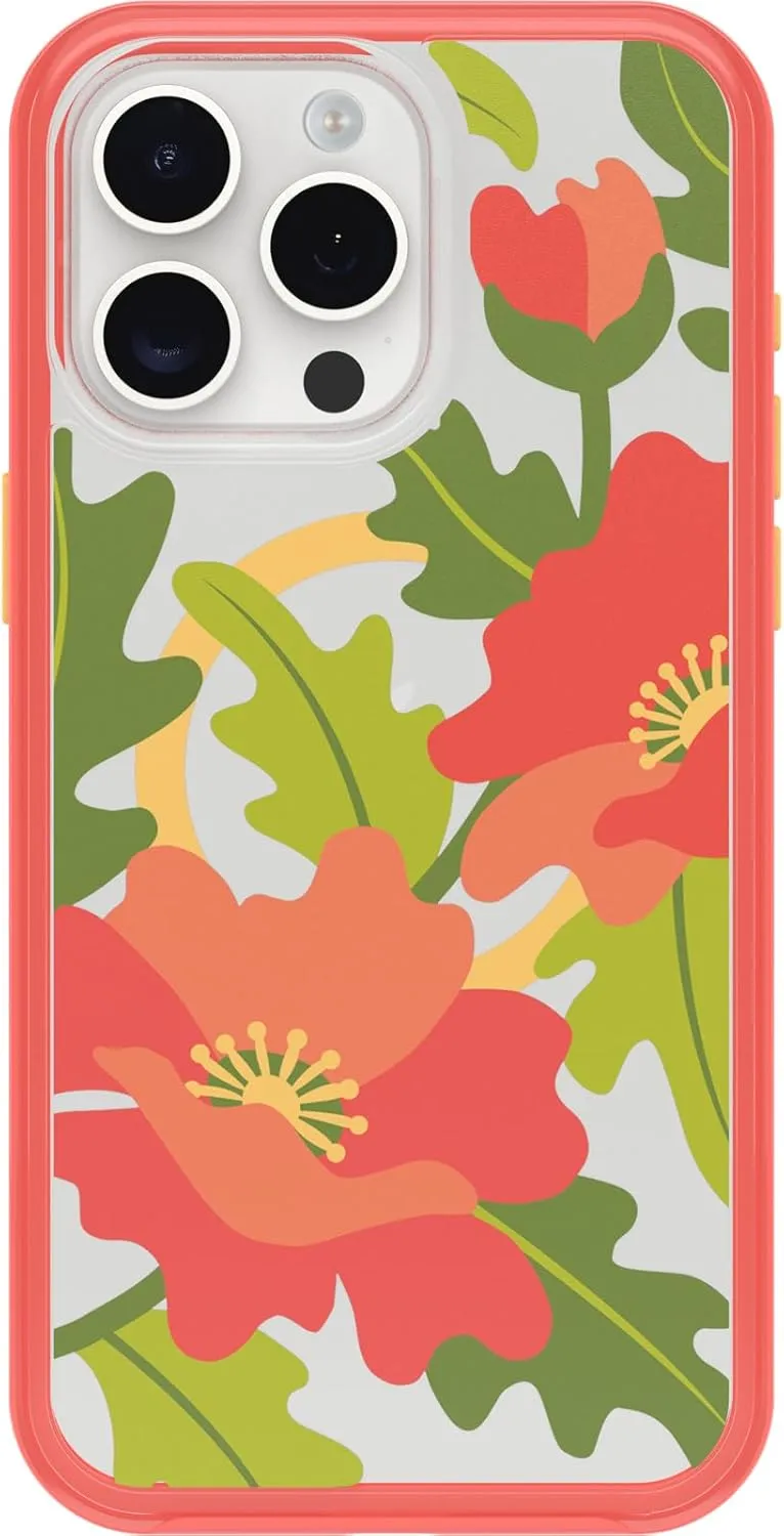 OtterBox iPhone 15 Pro MAX (Only) Symmetry Series Clear Case - QUILTED POPPIES (Red), snaps to MagSafe, ultra-sleek, raised edges protect camera & screen