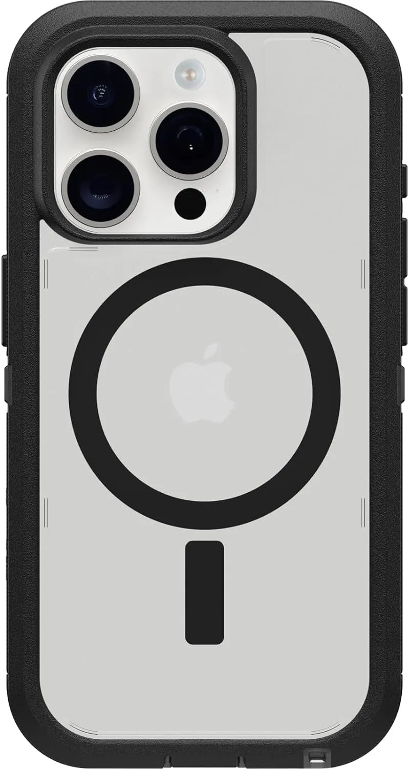 OtterBox iPhone 15 Pro (Only) Defender Series XT Clear Case - Dark Side (Black/Clear), screenless, Rugged, Snaps to MagSafe, Lanyard Attachment