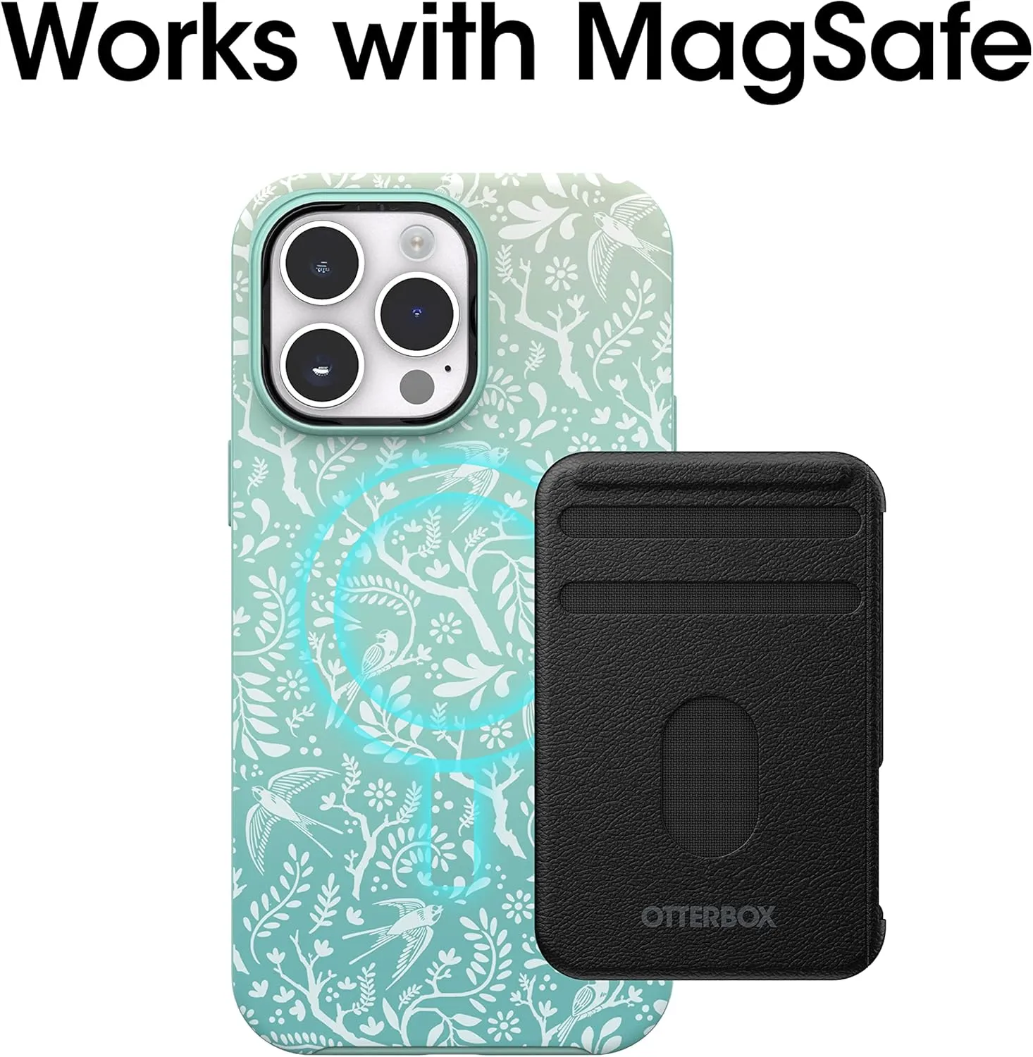 OtterBox Symmetry Series Series  Graphics Antimicrobial Case with MagSafe for iPhone 14 Pro Max (ONLY) - Feathers and Ferns (Green)