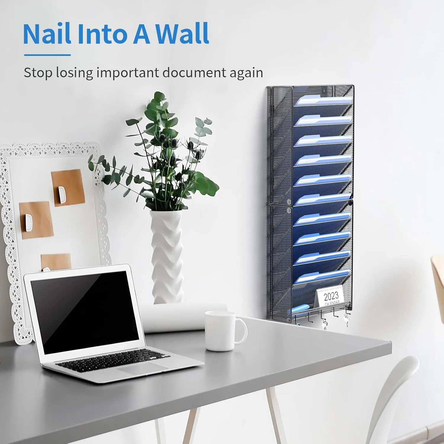 OUTWOLF Hanging Wall File Organizer with Hooks, 12 Tier Vertical Wall Mount File Holder, File Folder Wall Organizer for Office