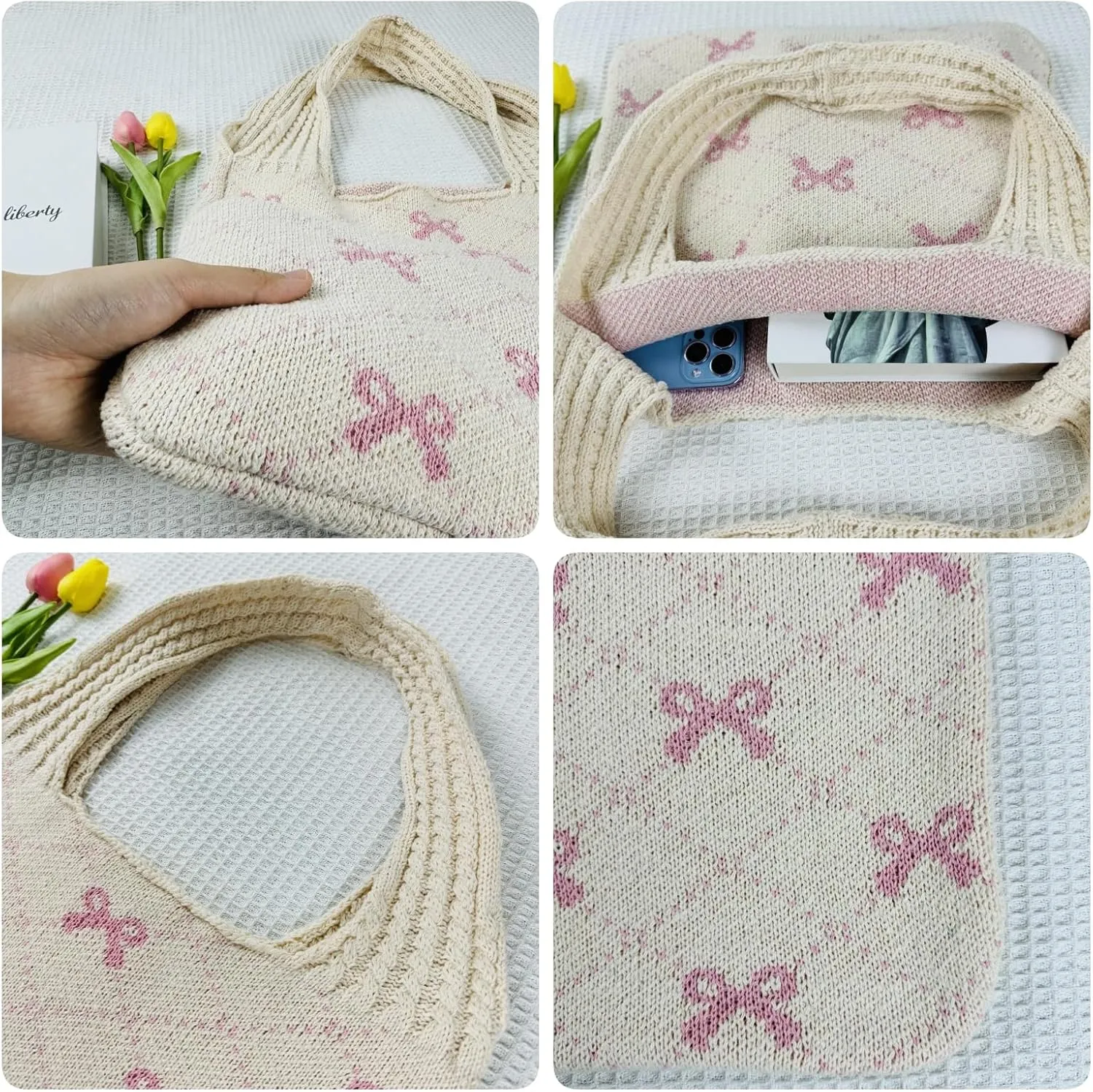 Ovida Crochet Tote Bag Mesh Beach Bag Fairycore Hobo Fairy Grunge Aesthetic Shoulder Bag Y2k Purse for Women Girls