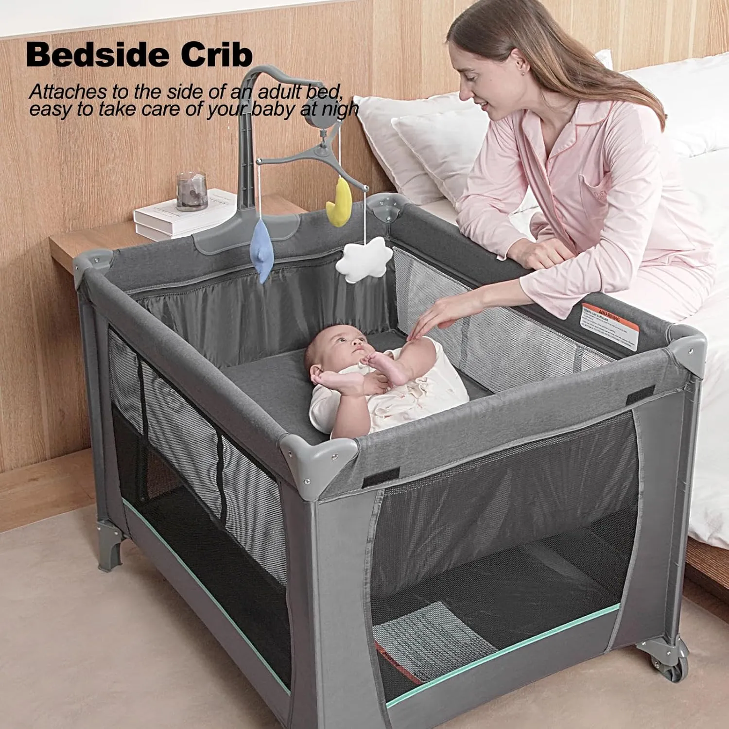 Pack and Play, Baby Bassinet Bedside Sleeper with Diaper Changer, Baby Playard, Baby Travel Playpen, Portable Baby Crib with Carry Bag, Easy to Install