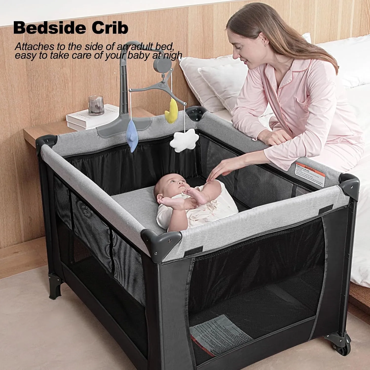 Pack and Play, Baby Bassinet Bedside Sleeper with Diaper Changer, Baby Playard, Toddler Travel Playpen, Portable Toddlers Crib with Carry Bag, Easy to Install