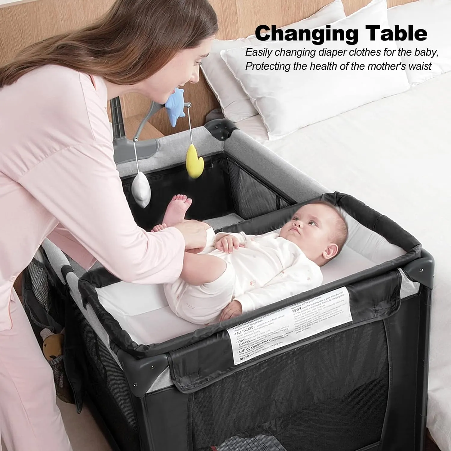 Pack and Play, Baby Bassinet Bedside Sleeper with Diaper Changer, Baby Playard, Toddler Travel Playpen, Portable Toddlers Crib with Carry Bag, Easy to Install
