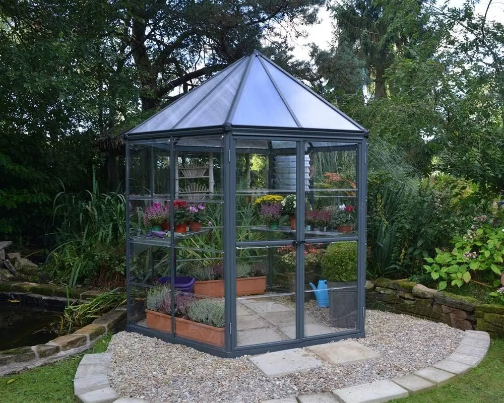 Palram - Canopia Oasis 7 Ft. x 8 Ft. Hexagon Greenhouse Kit Hobby DIY Walk In Green House Heavy Duty Polycarbonate with Aluminium Frame, with Lockable Door and Vent for Garden, Gutter, Backyard