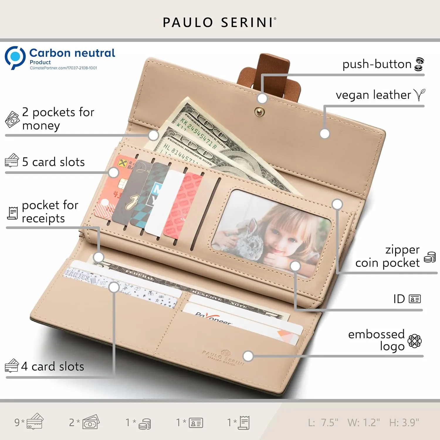 PAULO SERINI® Wallet Women - Womens Wallet with Coin Purse - Card Holder 9 Cards - Wristlet - Vegan Wallets for Women - Birthday Gifts for Women - Billeteras de Mujer - 9 colors