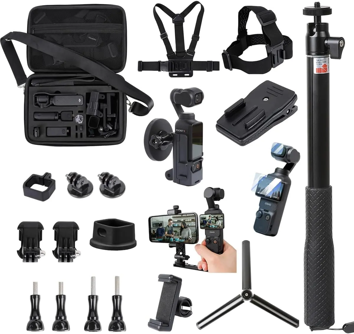 PellKing 21 in 1 Accessories Kit for OSMO Pocket 3,Including Hard Shell case,Magnetic Mount,Desktop Base Mount,Selfie Stick,Tripod,Chest Mount,Mobile Phone Holder,Screen Protector,Backpack Clip