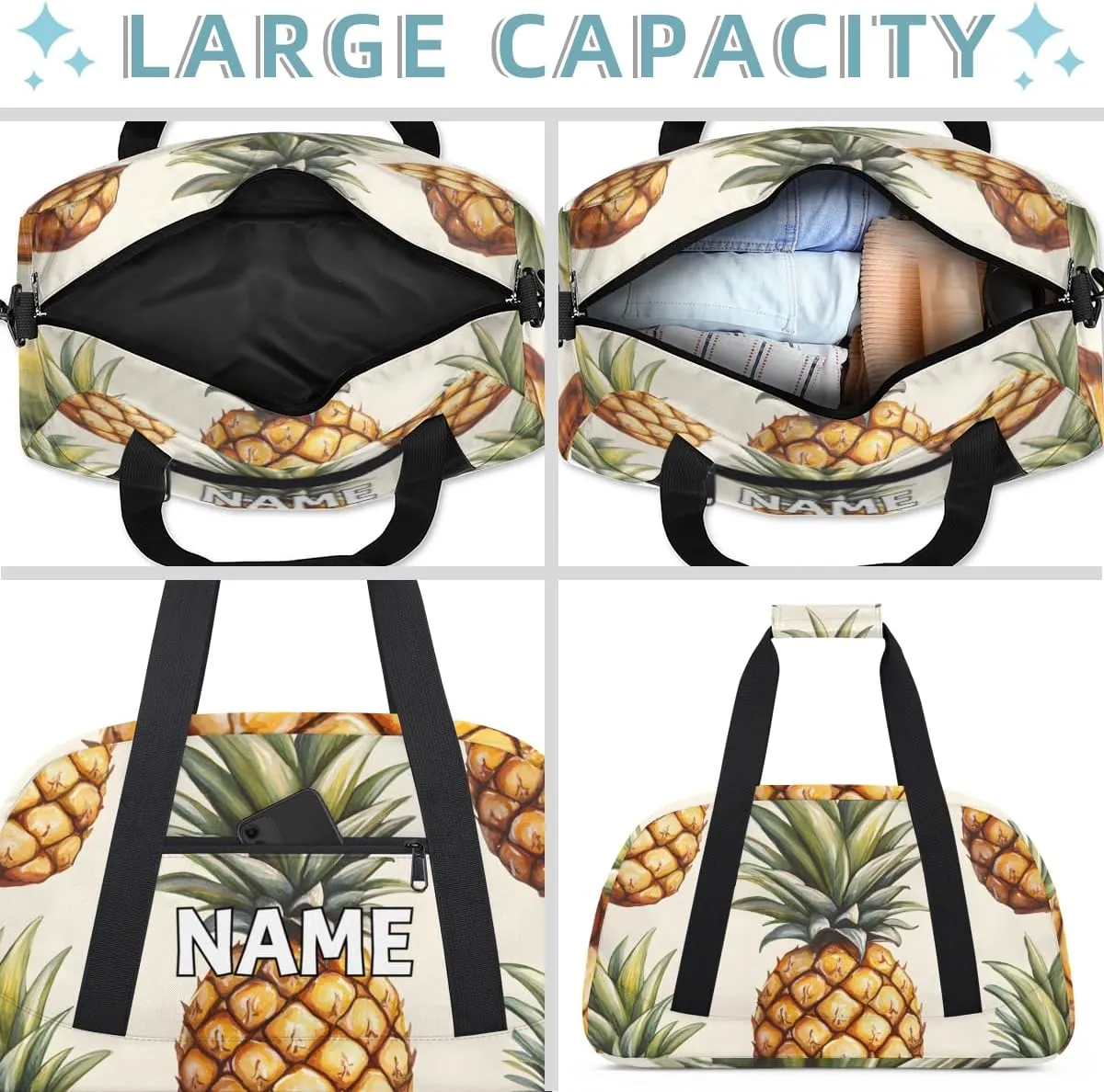 Personalized Custom Gym Bag for Women Men Carry on Tropical Pineapple Travel Duffel Tote Watercolor Fruit Overnight Workout Weekender Bag