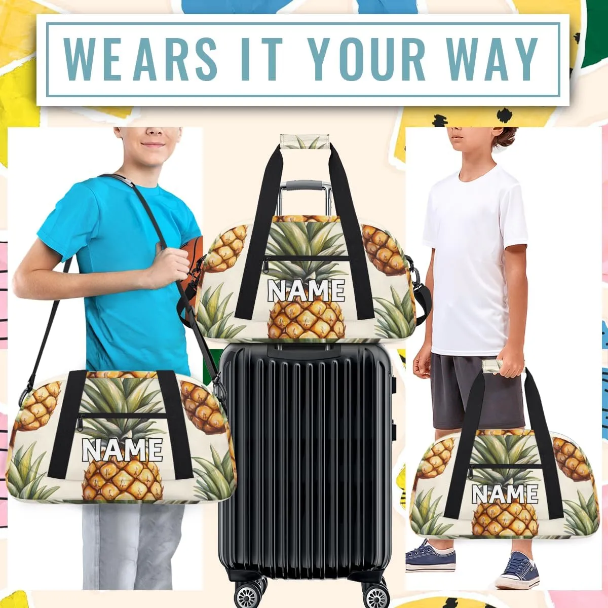 Personalized Custom Gym Bag for Women Men Carry on Tropical Pineapple Travel Duffel Tote Watercolor Fruit Overnight Workout Weekender Bag