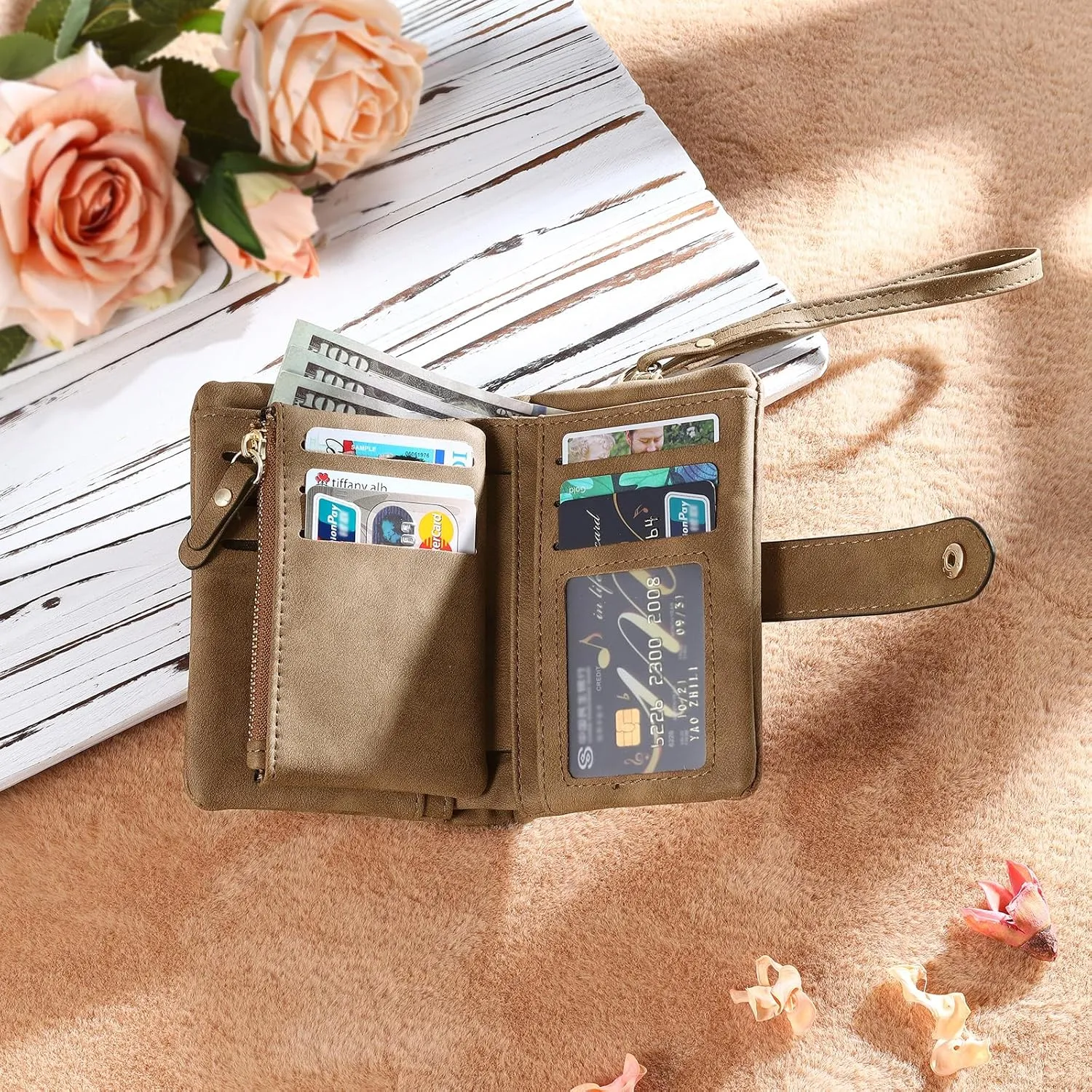 Personalized Custom Wallet with Name & Birth Flower for Women Multi Credit Card Wallet With Wrist Strap Birthday Gifts for Mom Mothers Day (Brown)