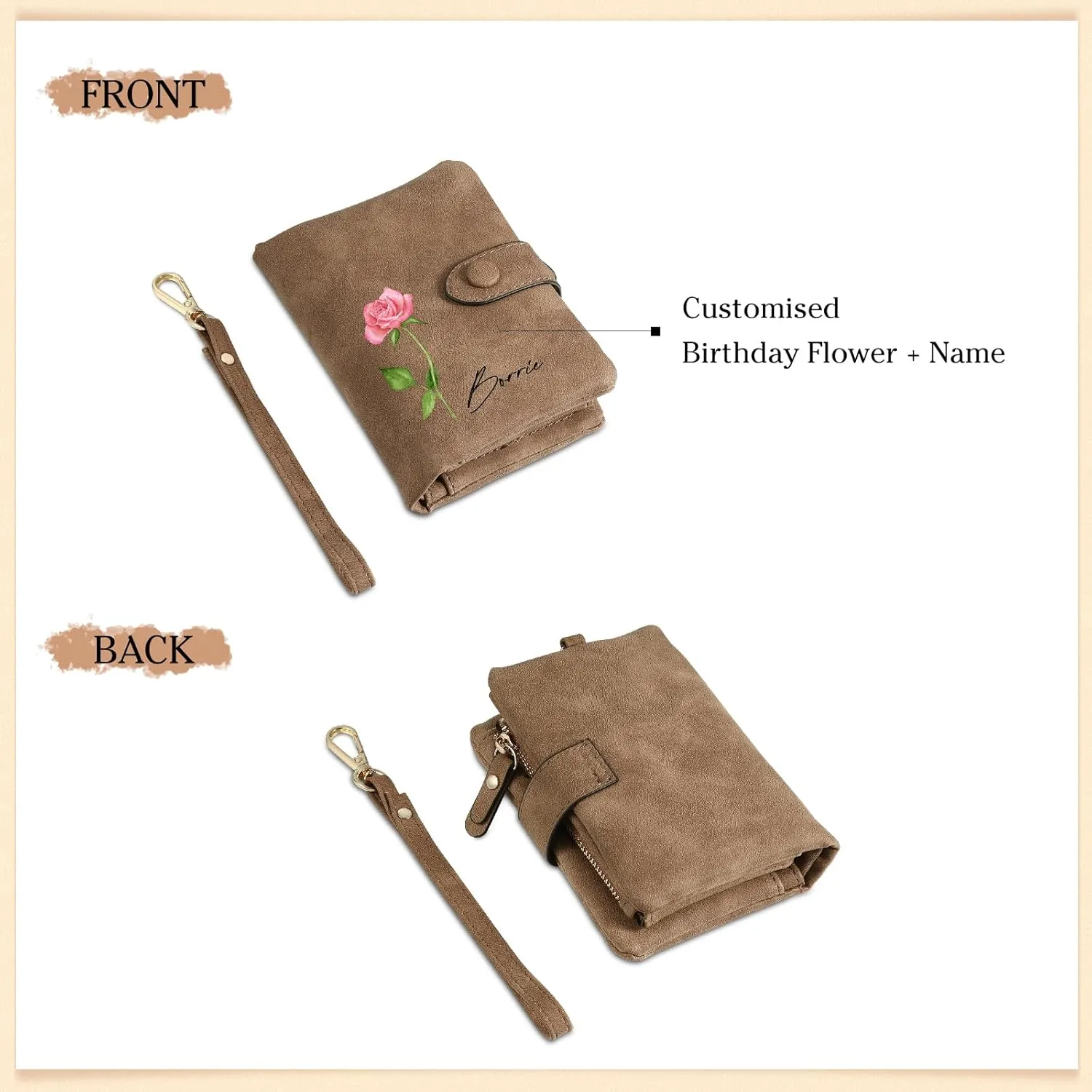 Personalized Custom Wallet with Name & Birth Flower for Women Multi Credit Card Wallet With Wrist Strap Birthday Gifts for Mom Mothers Day (Brown)