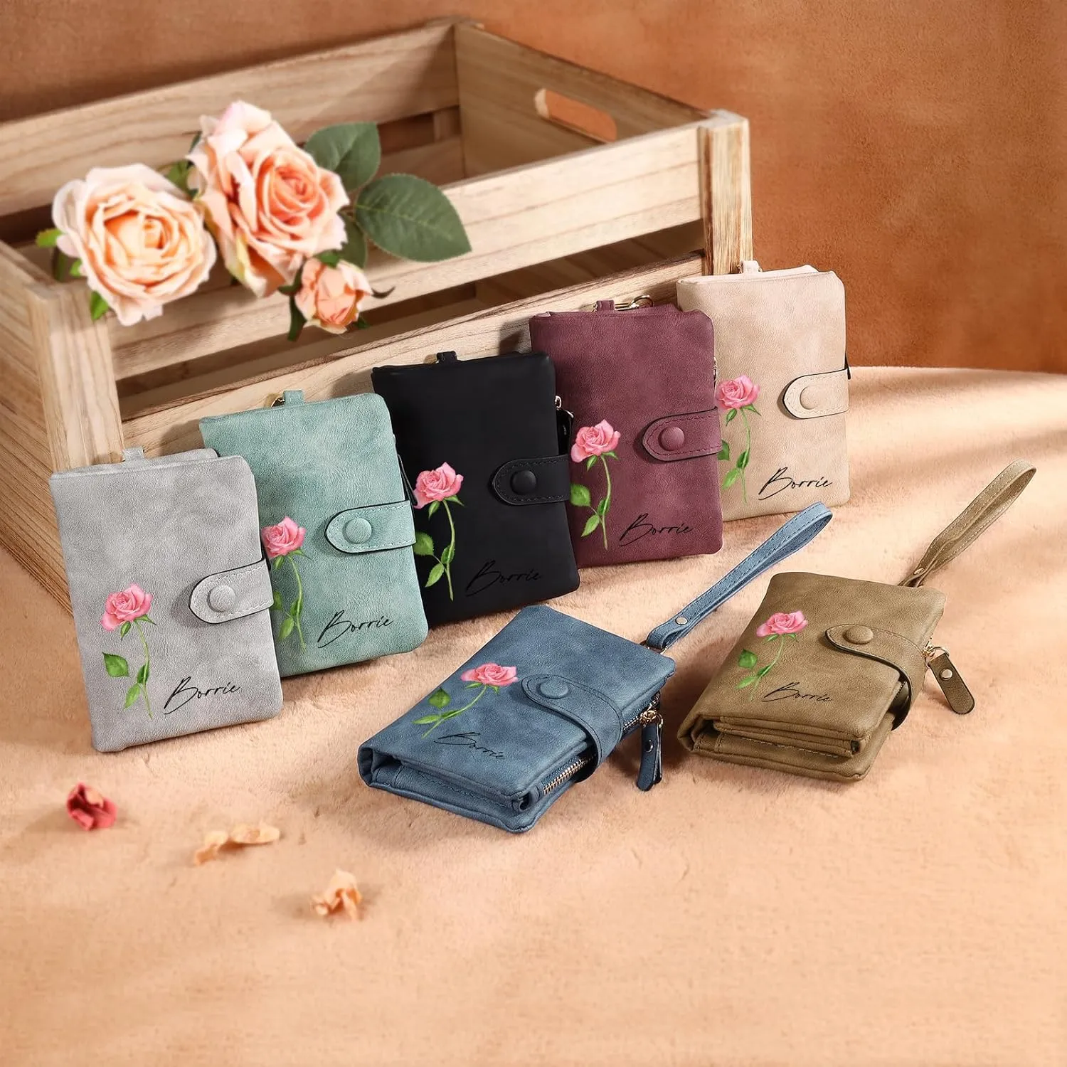 Personalized Custom Wallet with Name & Birth Flower for Women Multi Credit Card Wallet With Wrist Strap Birthday Gifts for Mom Mothers Day (Brown)
