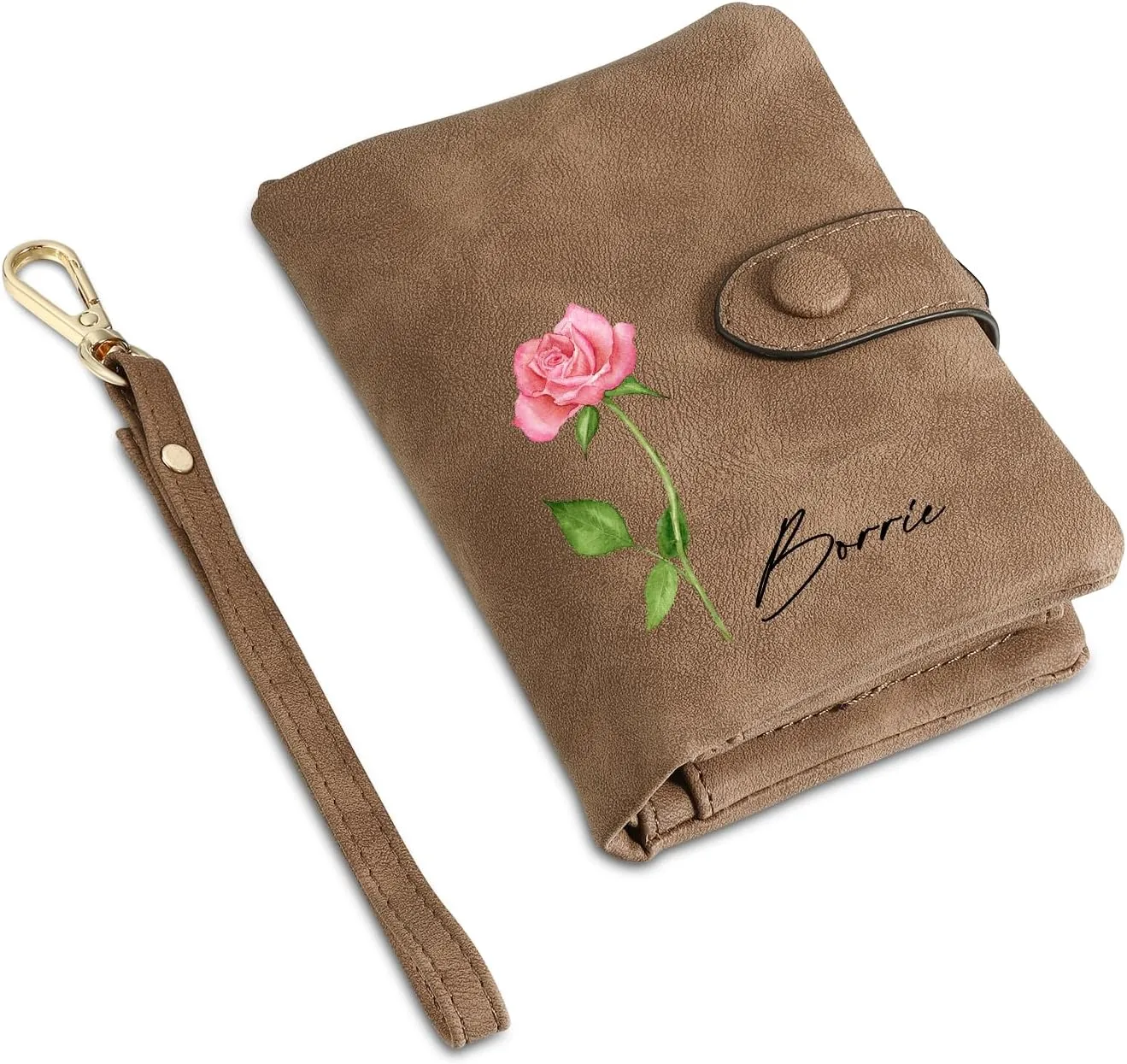 Personalized Custom Wallet with Name & Birth Flower for Women Multi Credit Card Wallet With Wrist Strap Birthday Gifts for Mom Mothers Day (Brown)