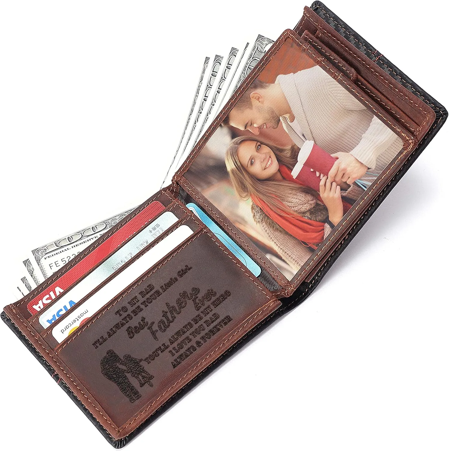 Personalized Engraved Leather Wallet for Dad from Daughter - Christmas Birthday Fathers Day Thanksgiving - I Love You - Men Custom Bifold Wallets for Him with Romatic Message