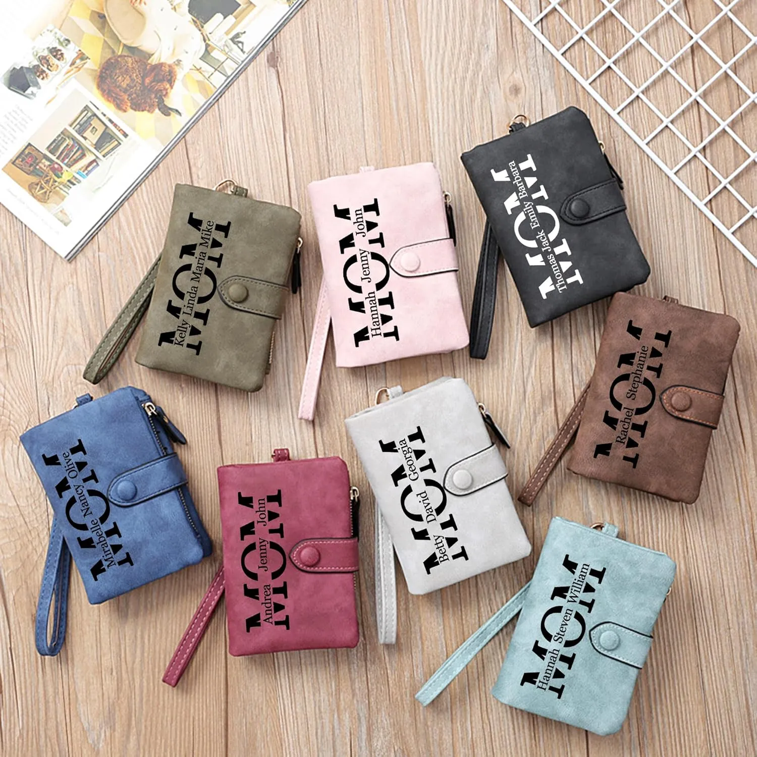 Personalized Gifts for Mom - Custom Womens Wallet with Names, Gifts for Mothers Day Mom Birthday - Customized Ladies Wristlet Wallet Coin Purse Bifold Cards Holder, Black