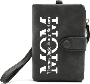 Personalized Gifts for Mom - Custom Womens Wallet with Names, Gifts for Mothers Day Mom Birthday - Customized Ladies Wristlet Wallet Coin Purse Bifold Cards Holder, Black