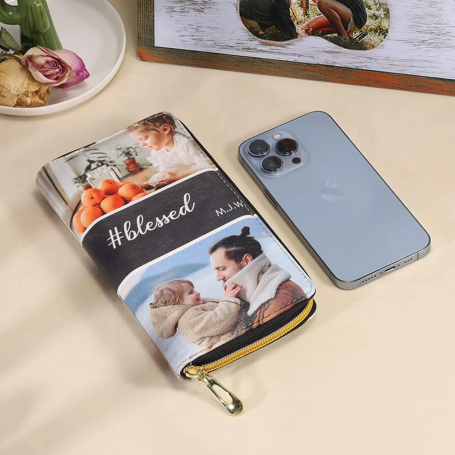 Personalized Leather Wallets for Women Custom Photo Wallet Holder Zipper Engraved Wallets Credit Card Clutch Wallet Mother'S Day Gifts for Mom Her (Style 3)