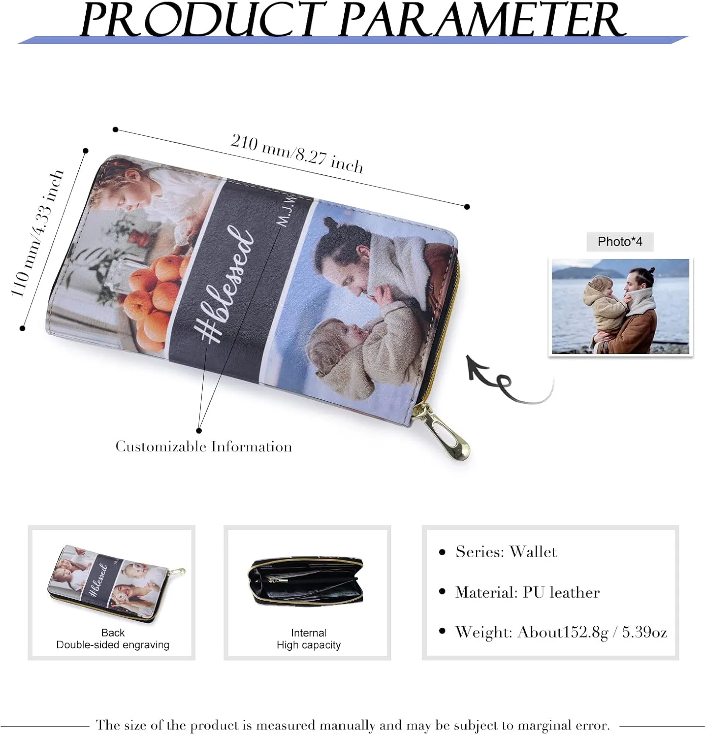 Personalized Leather Wallets for Women Custom Photo Wallet Holder Zipper Engraved Wallets Credit Card Clutch Wallet Mother'S Day Gifts for Mom Her (Style 3)