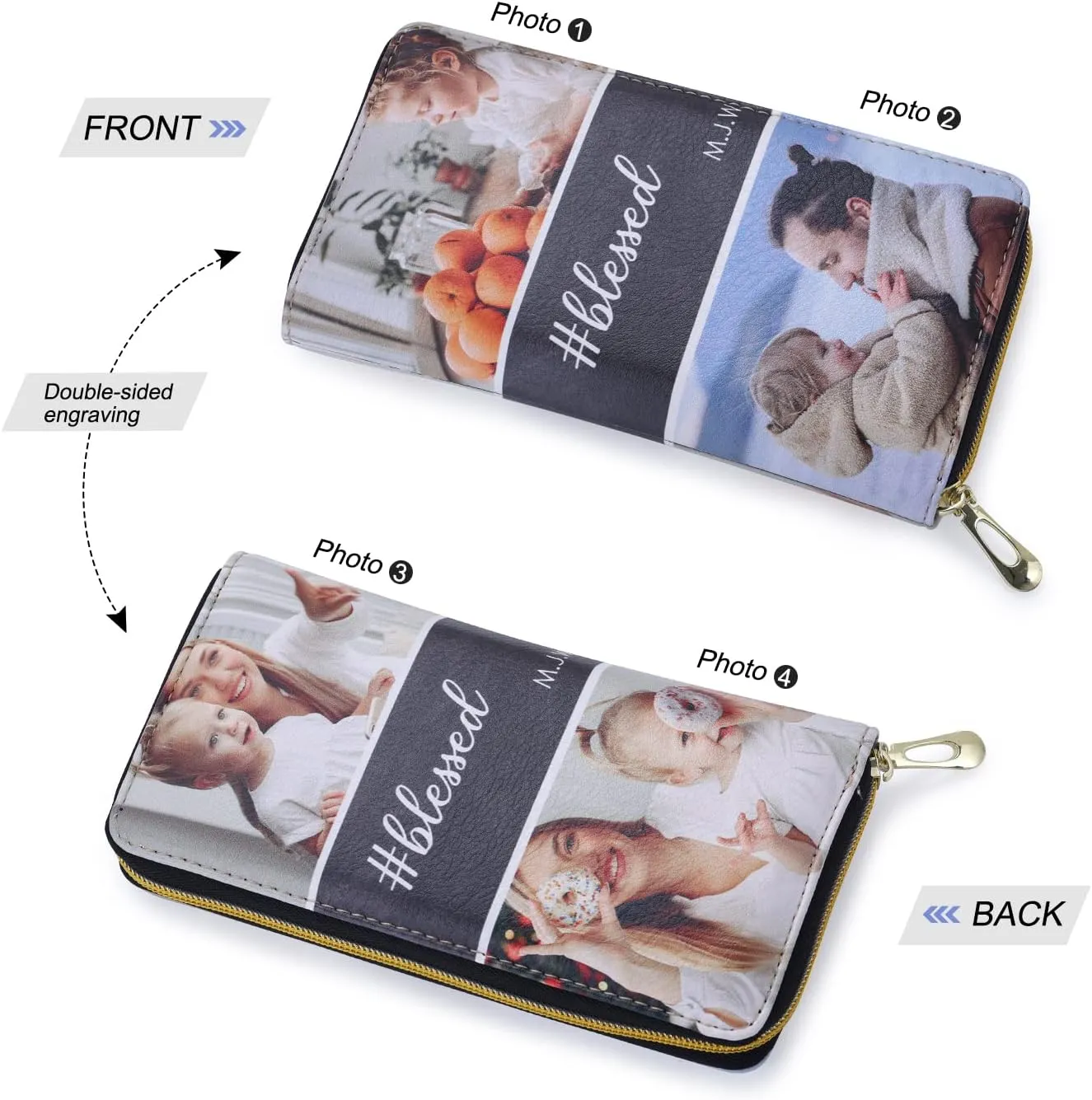 Personalized Leather Wallets for Women Custom Photo Wallet Holder Zipper Engraved Wallets Credit Card Clutch Wallet Mother'S Day Gifts for Mom Her (Style 3)