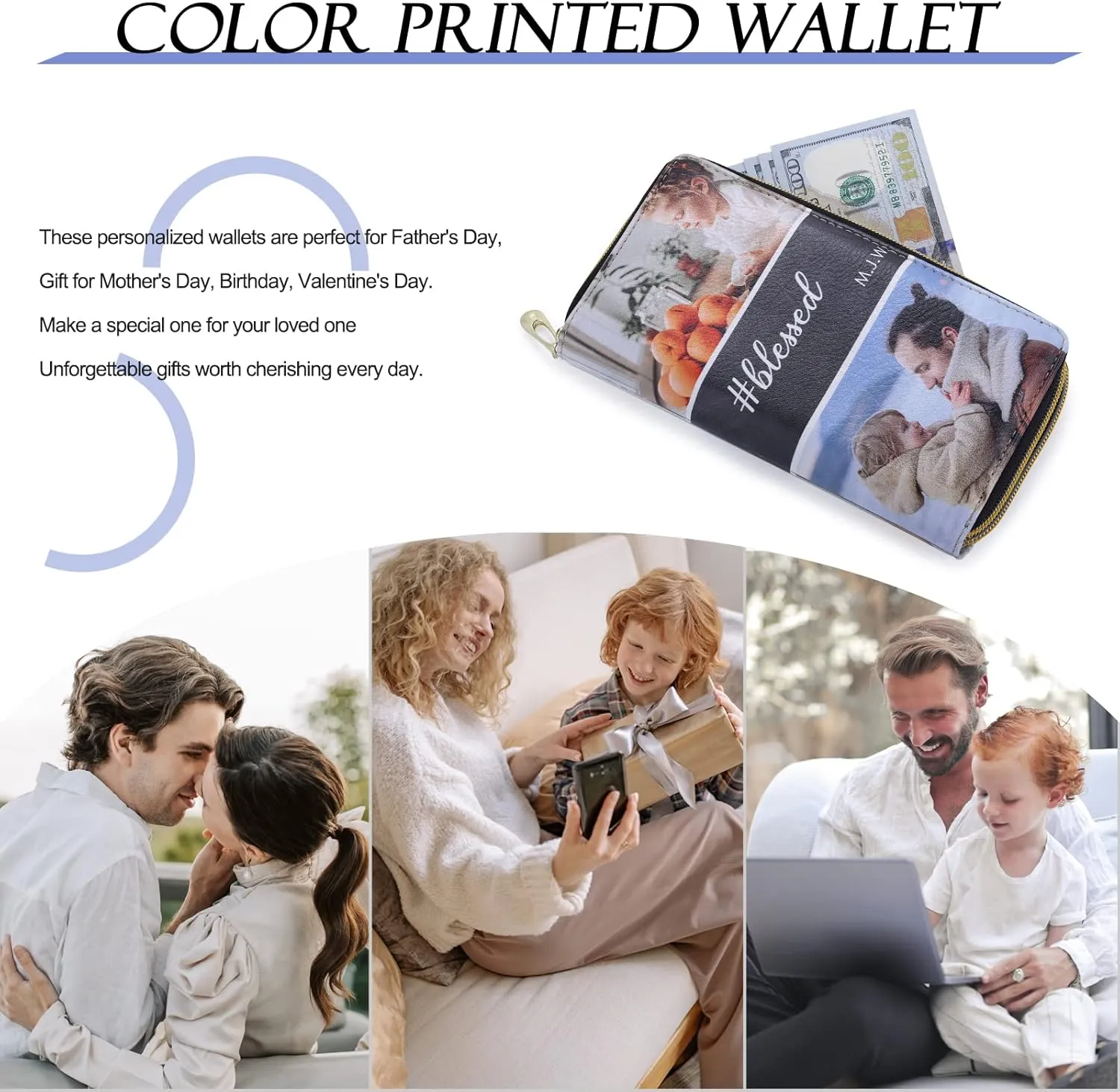 Personalized Leather Wallets for Women Custom Photo Wallet Holder Zipper Engraved Wallets Credit Card Clutch Wallet Mother'S Day Gifts for Mom Her (Style 3)