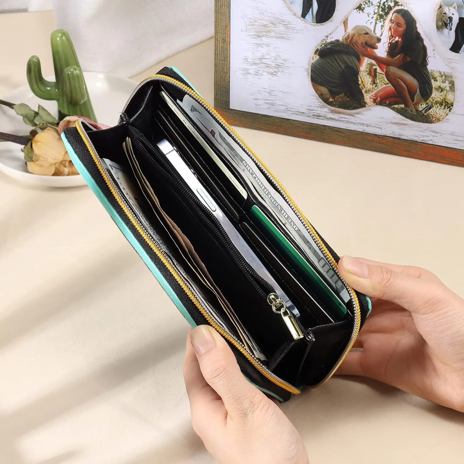Personalized Leather Wallets for Women Custom Photo Wallet Holder Zipper Engraved Wallets Credit Card Clutch Wallet Valentine's Day Gifts for Mom Her (Style 1)